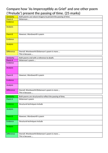 Lessons and writing frame for comparing Prelude and As Imperceptibly as Grief for WJEC EDUQAS