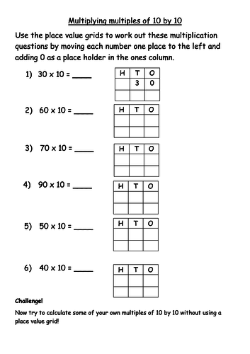 Multiplying multiples of 10 by 10 differentiated worksheets