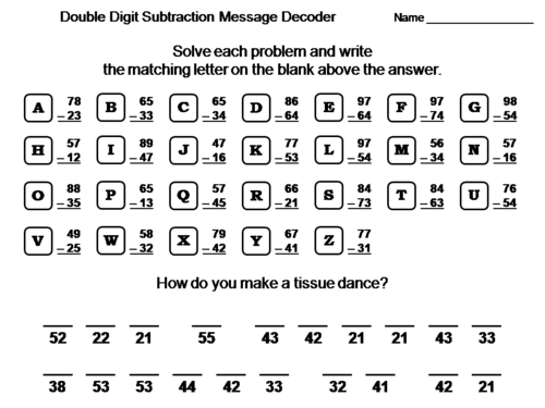 Double Digit Subtraction Without Regrouping Activity: Math Message Decoder