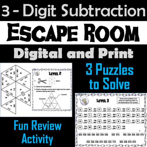 Triple Digit Subtraction Without Regrouping Game: Math Escape Room