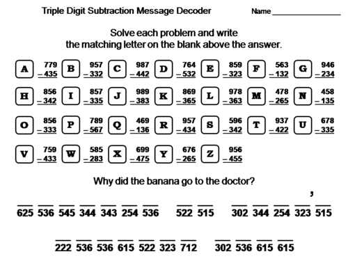 Triple Digit Subtraction Without Regrouping Activity: Math Message Decoder