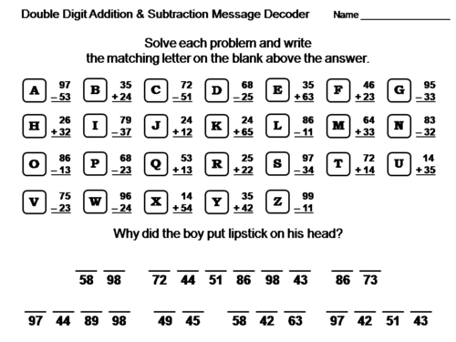 Double Digit Addition and Subtraction Without Regrouping: Math Message Decoder