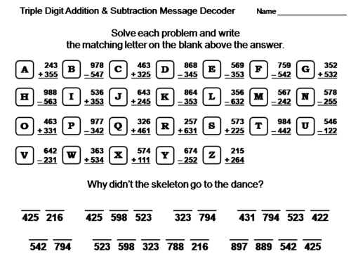 Triple Digit Addition and Subtraction Without Regrouping: Math Message Decoder