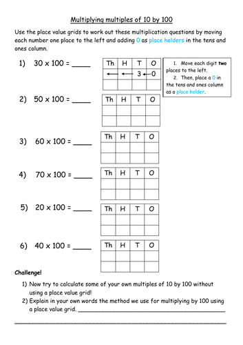 Multiplying multiples of 10 by 100 differentiated worksheets | Teaching