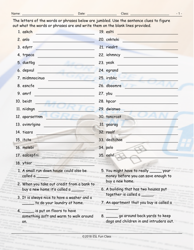 houses apartments types features jumbled words worksheet