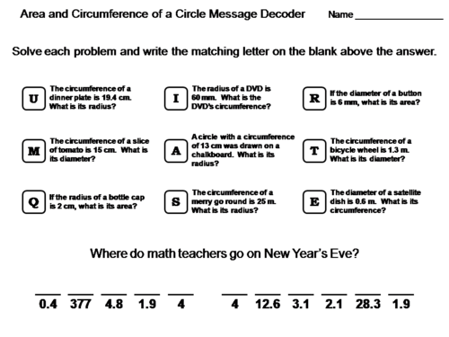 Area and Circumference of a Circle Activity: Math Message Decoder