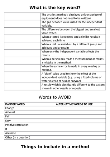 Investigation key words and tips for GCSE Science