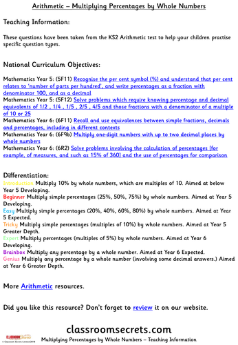 KS2 Multiplying Percentages by Whole Numbers Arithmetic SATs Questions