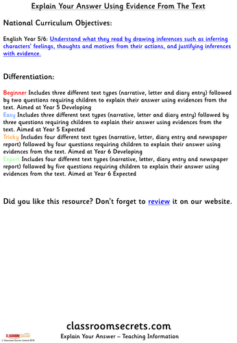 KS2 SATs Reading Practice Explain your Answer using Evidence from the