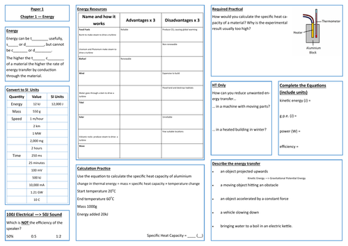 Energy Revision Placemat