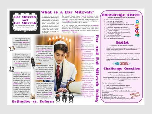 Judaism - Practices: Bar and Bat Mitzvah Task Mat | Teaching Resources