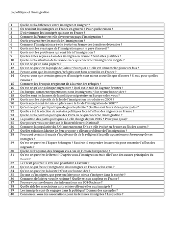 La politique et l'immigration- list of possible questions- A Level French