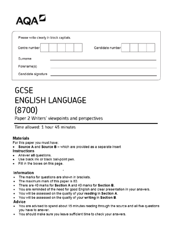 aqa-gcse-english-language-paper-2-exam-paper-and-preparation-teaching