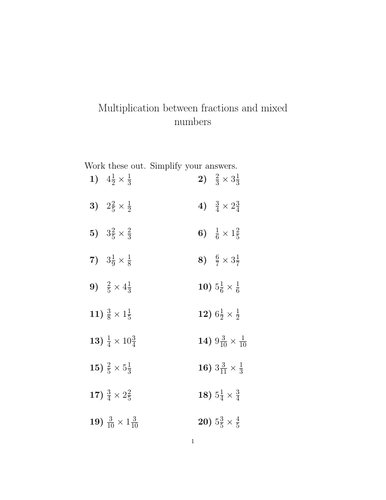 Multiplication between fractions and mixed numbers worksheet (with ...