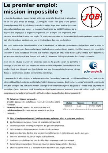 Le monde du travail  Teaching Resources