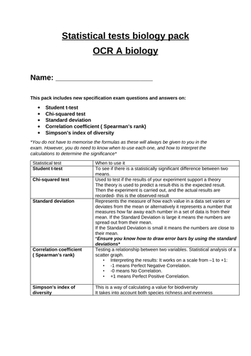 Statistical tests in biology test & STATS exam q pack ( OCR A-level ...