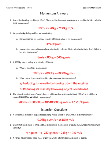 Momentum Worksheet With Answers Teaching Resources