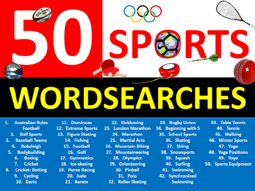 50 x Sports Wordsearches PE Fitness Health Starter Settler Activity Homework Cover Wordsearch