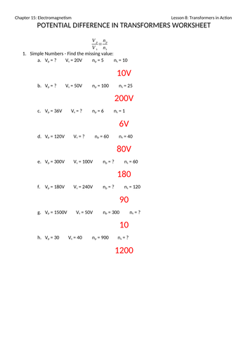 Potential Difference in Transformers Worksheet with Answers | Teaching