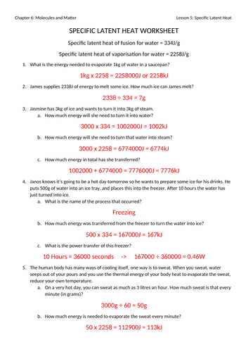 Specific Latent Heat Worksheet With Answers Teaching Resources