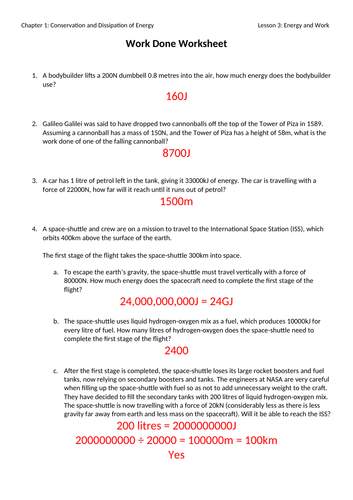 Work Done Worksheet with Answers | Teaching Resources
