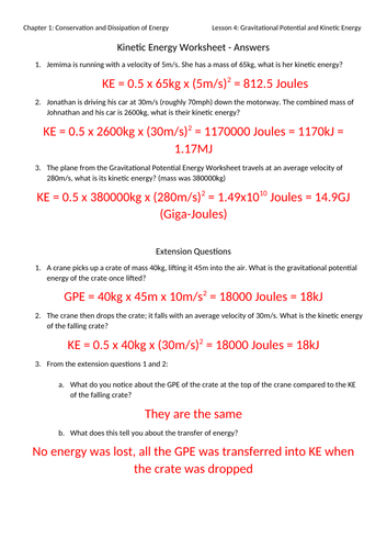Kinetic Energy Worksheet with Answers | Teaching Resources