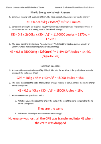 Kinetic Energy Worksheet with Answers Teaching Resources