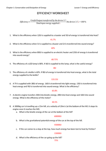 Energy and Efficiency Worksheet with Answers | Teaching Resources