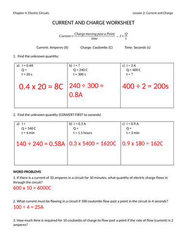 Current and Charge Worksheet with Answers | Teaching Resources