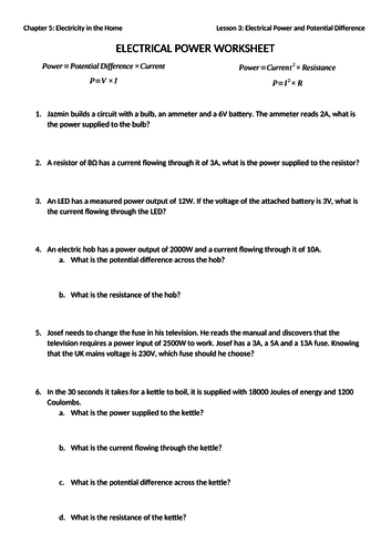 Electrical Power Worksheet With Answers Teaching Resources