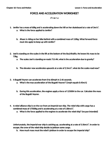 Force And Acceleration Worksheet Answers