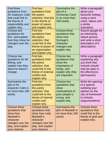 GCSE English Lang/Lit Revision Tasks Grid