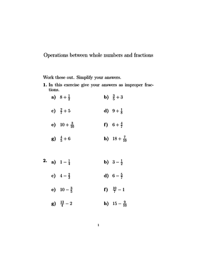 Operations between whole numbers and fractions worksheet (with ...