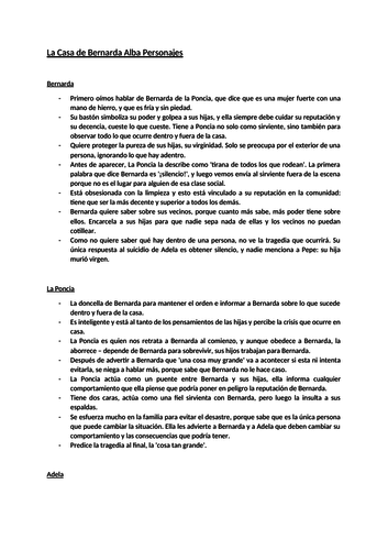 'La Casa de Bernarda Alba' Spanish A Level - All Revision Notes ...