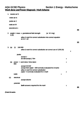 Energy - Work done and power Diagnostic - mark scheme