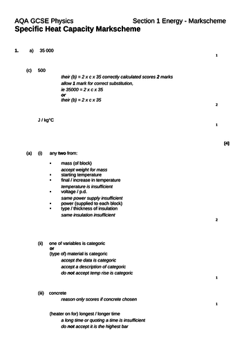 Energy - Specific heat capacity markscheme