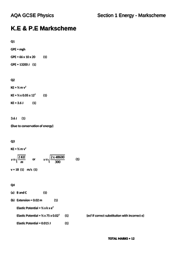 Energy - K.E & P.E Diagnostic Markscheme