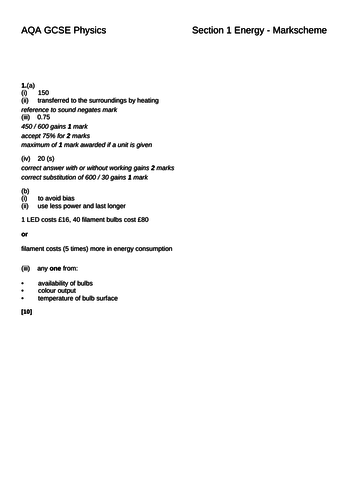 Section 1 - Energy - Efficiency diagnostic markscheme