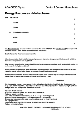 Section 1 - Energy - Energy resource Markscheme