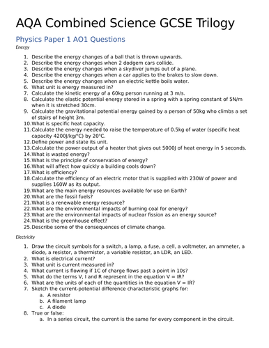 AQA GCSE Combined Science: Trilogy - Physics Papers 1 & 2 Questions