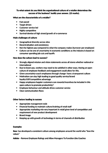AQA A Level Business Essay plan/markscheme Culture and Retailer ...