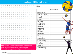 volleyball wordsearch sheet starter activity keywords cover sports