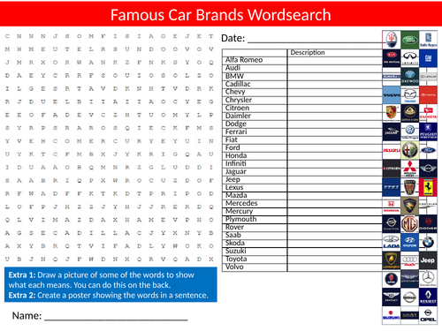 Types Of Cars Word Search