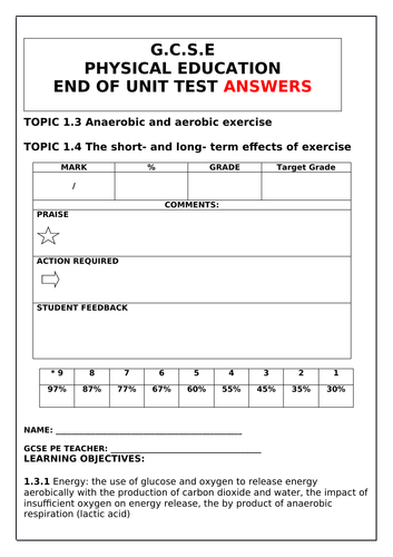 GCSE P.E. Edexcel (New Spec 2016 +) Component 1, topic 1.3/1.4 end of unit test & ANSWERS