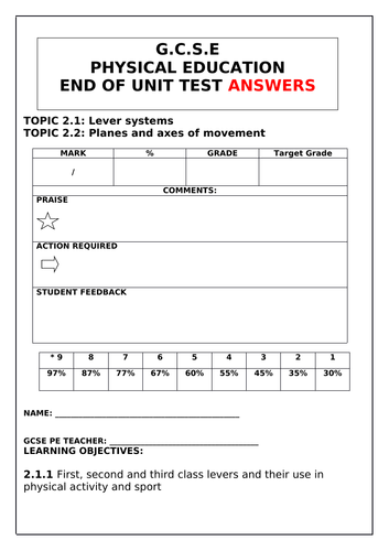 GCSE P.E Edexcel (New Spec 2016+) Component 1,Topic 2.1/2 Levers & Planes end of unit test & ANSWERS