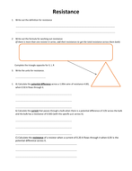 GCSE Physics Worksheet: Resistance, definition, formula and Q&A