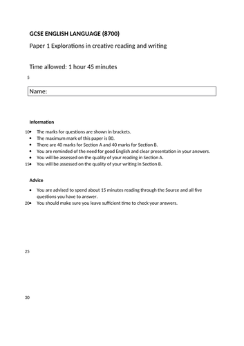 GCSE English Language Paper 1 AQA Practice Paper | Teaching Resources