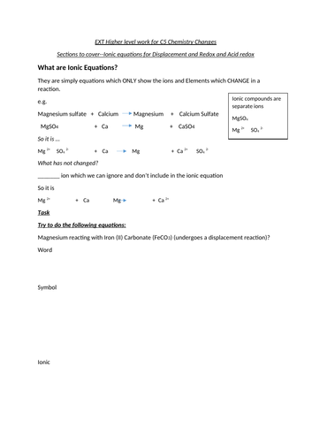 New GCSE 9-1 Chemistry/Science C5 Chemical Changes HIGHER level ext sheets on Ionic equations/pH