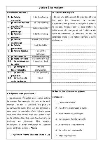 French GCSE Helping at Home: aider à la maison & les tâches ménagères ...