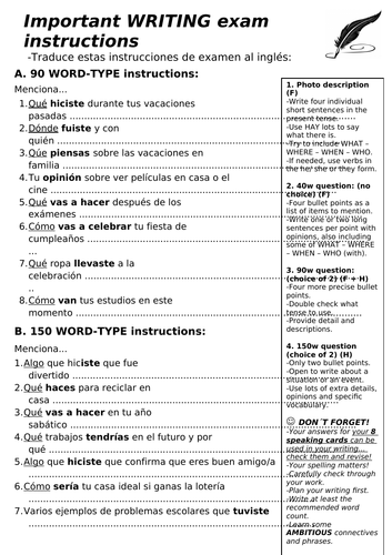 AQA SPANISH GCSE WRITING INSTRUCTIONS and RUBRICS worksheet.